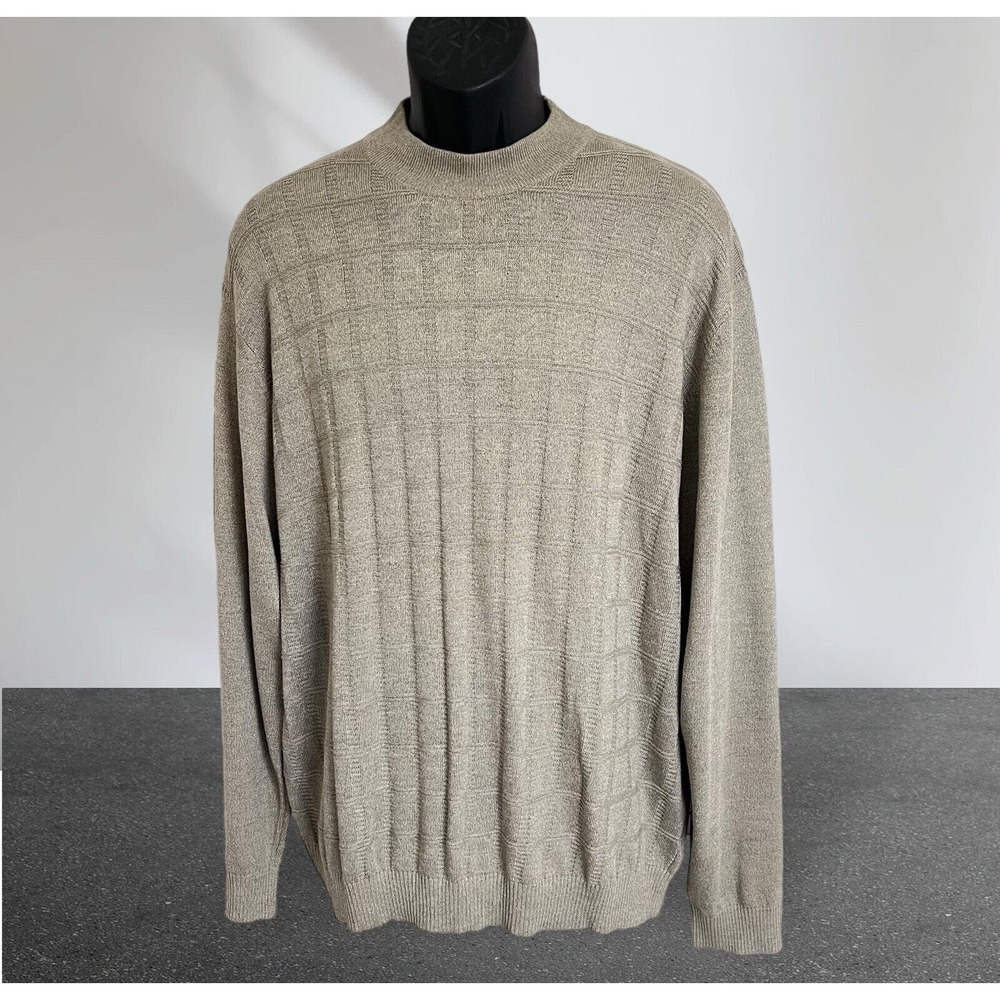Perry Ellis Men’s Silk Blend Knit Sweater Mock Neck Long Sleeves Windowpane XXL